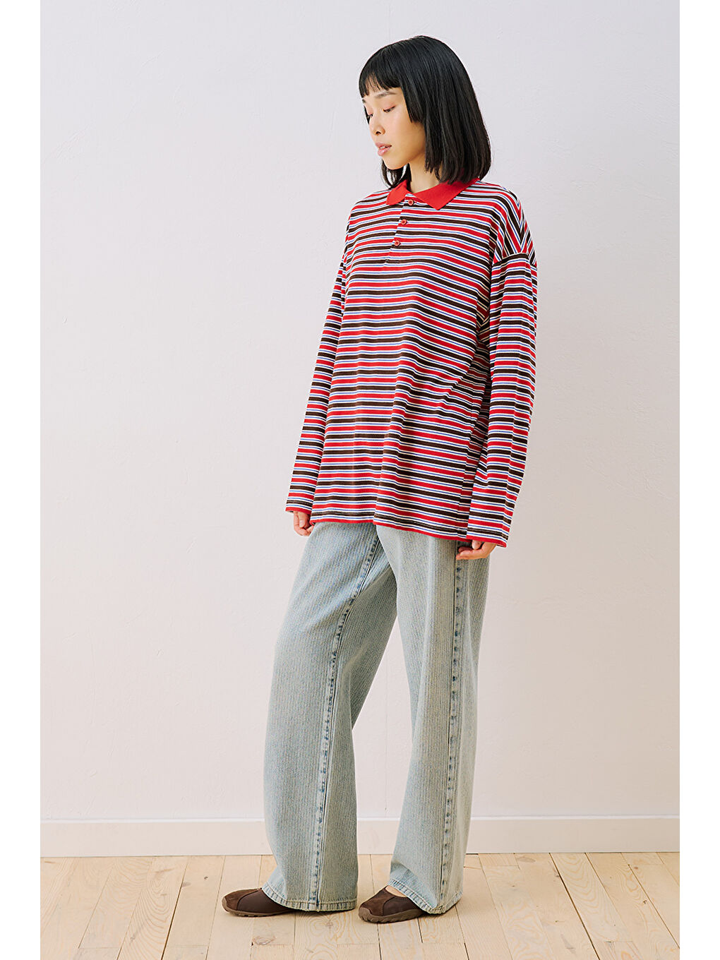 Çizgili Polo Yakalı Sweatshırt Kırmızı-6