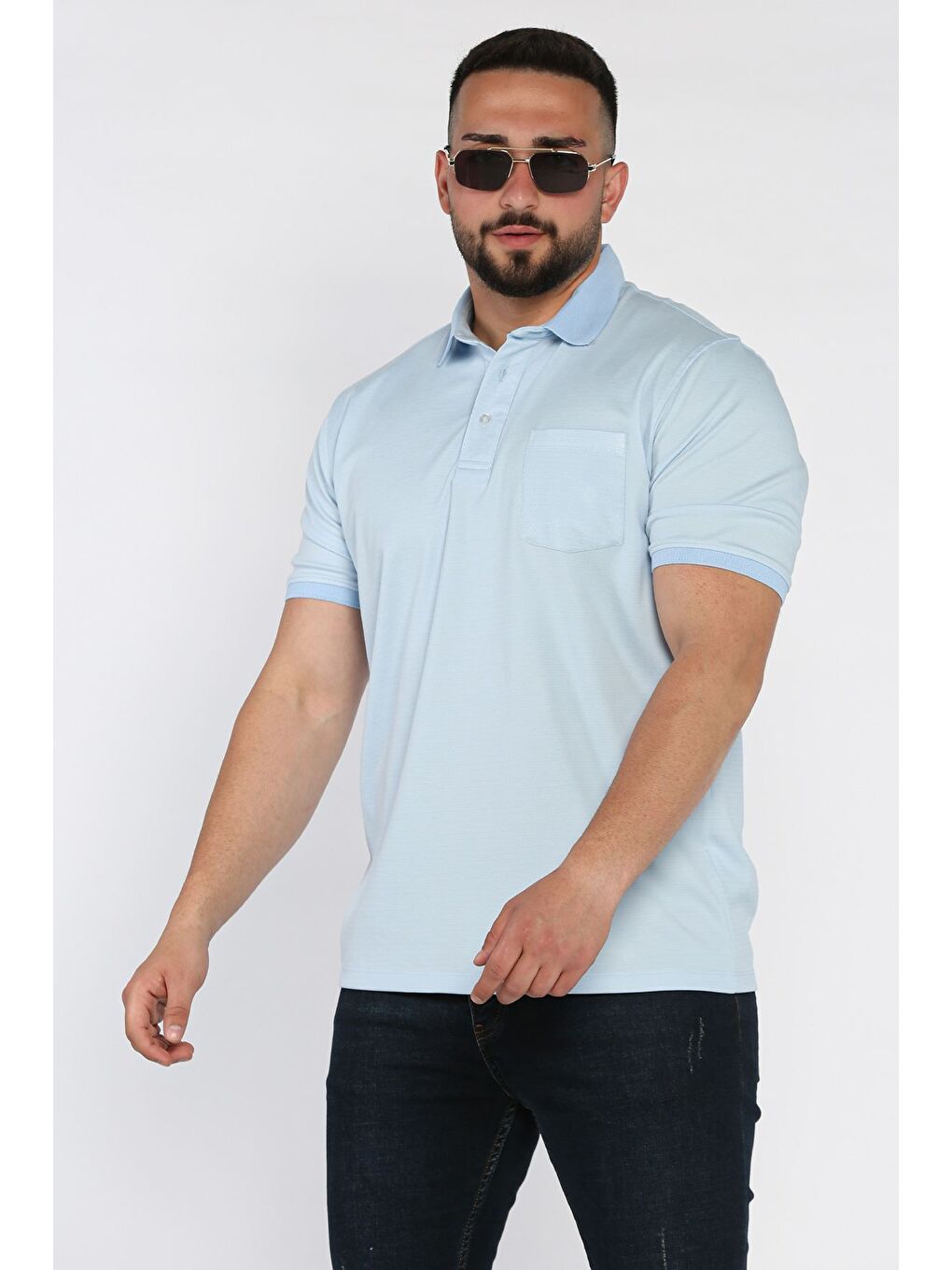 Mavi Erkek Polo Yaka Tek Cepli Desenli Tişört-1