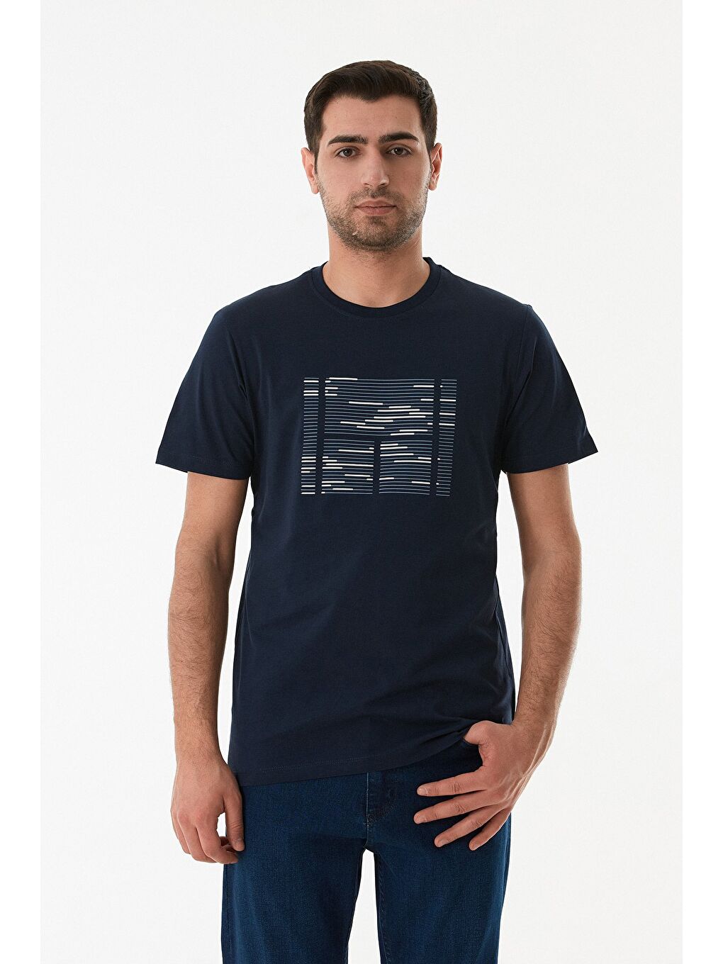 Lacivert Kabartma Baskılı Bisiklet Yaka Tişört