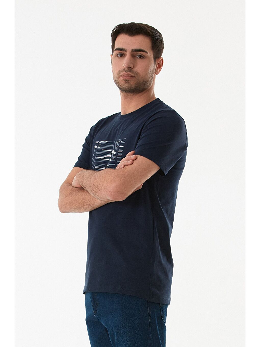 Lacivert Kabartma Baskılı Bisiklet Yaka Tişört-1
