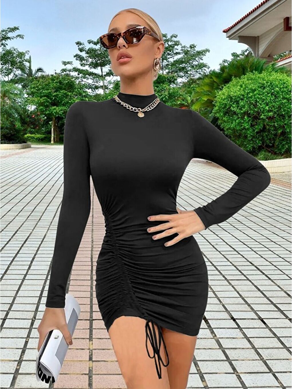 Siyah Kadın Uzun Kol Sağ Belden Sol Etek Ucuna Doğru Hafif çapraz Büzgülü Sandy Mini Boy Elbise-1