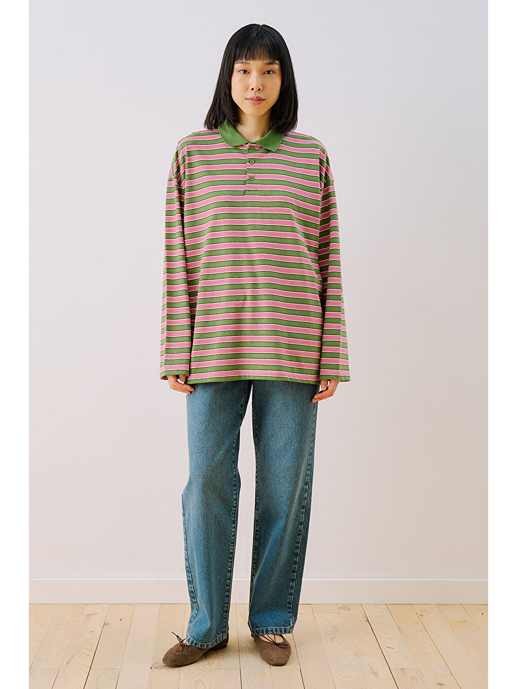 Çizgili Polo Yakalı Sweatshırt Pembe-4