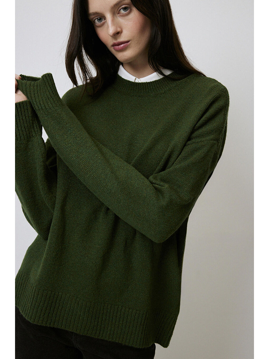 Yeşil Düz Renk Oversıze Kazak-3