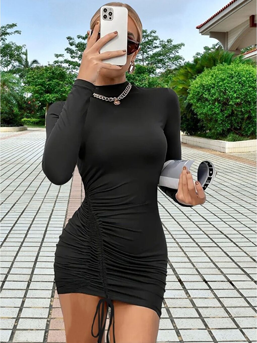 Siyah Kadın Uzun Kol Sağ Belden Sol Etek Ucuna Doğru Hafif çapraz Büzgülü Sandy Mini Boy Elbise-2