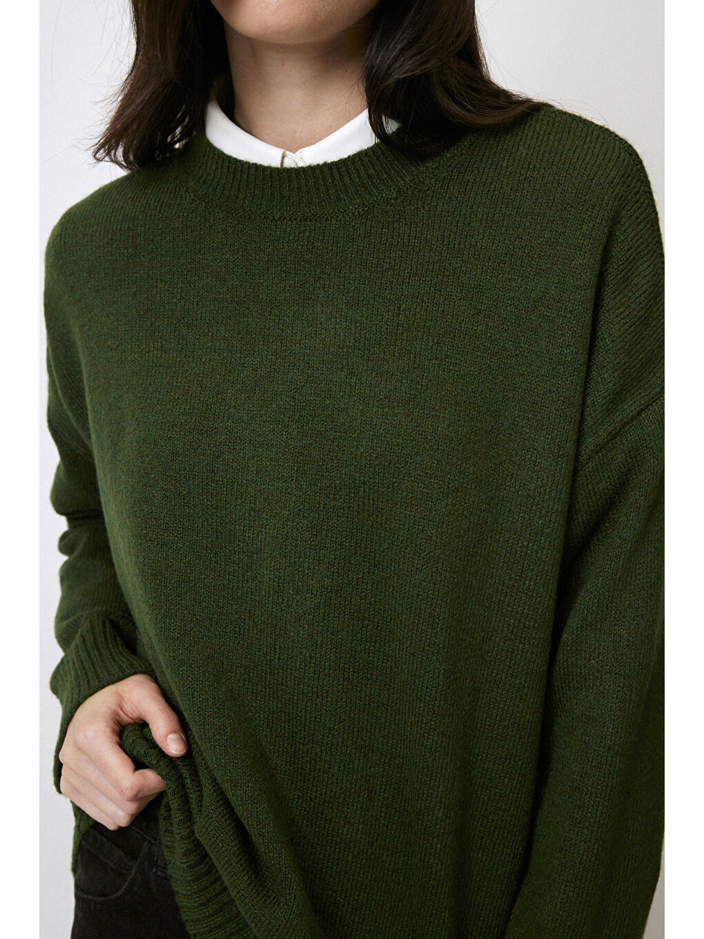 Yeşil Düz Renk Oversıze Kazak-5