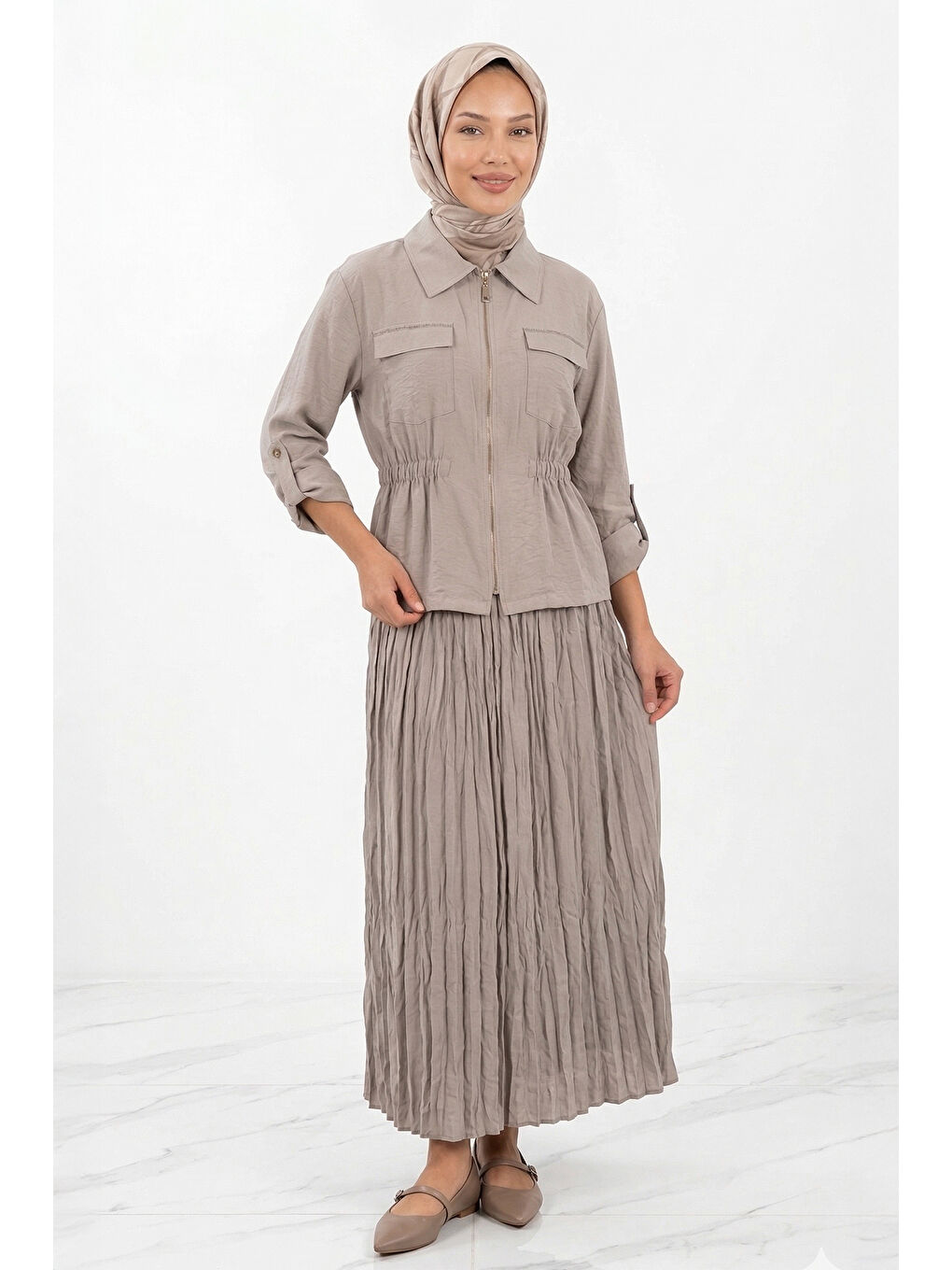 Bej Levidor Tunik Etek Takım 131049 Taş