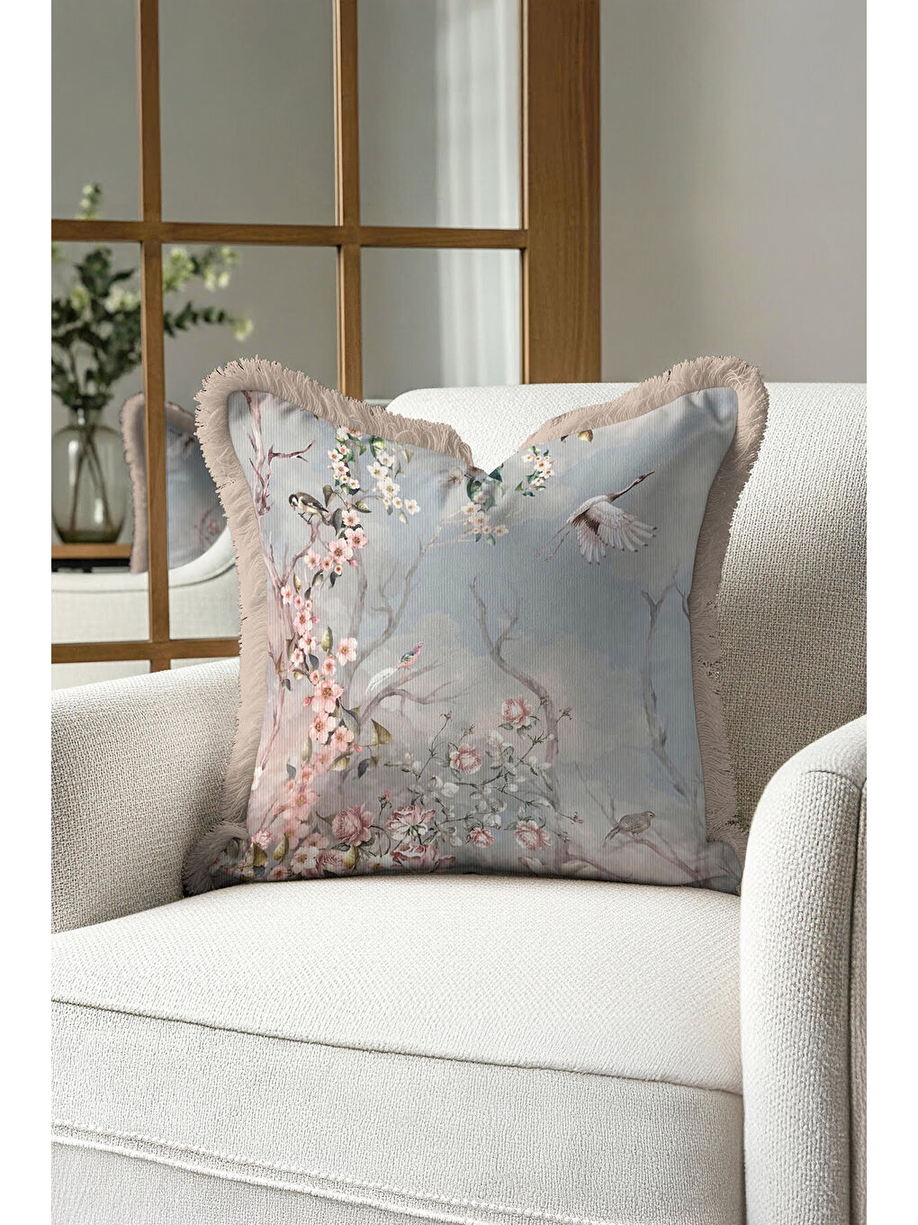 Karışık Elegan Çiçekli Kuşlu Saçaklı Yastık Kılıfı - Pastel Bahar Romantik Vintage Püsküllü Kırlent Kılıfı-2