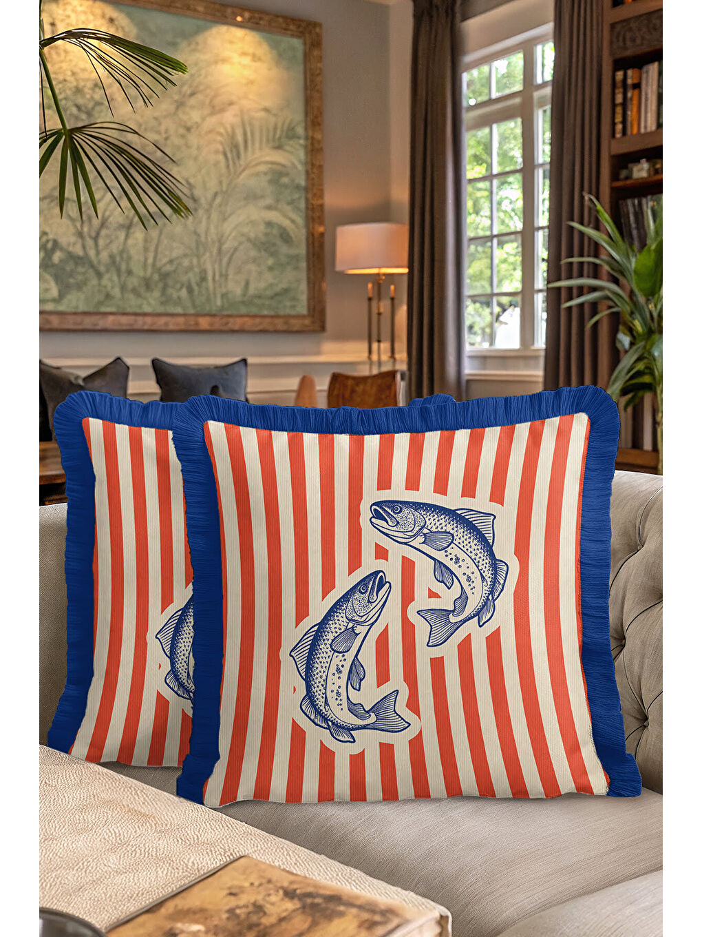 Karışık Nautical Balık Çizimli Saçaklı Yastık Kılıfı - Marin Temalı Kırmızı Lacivert Püsküllü Kırlent Kılıfı-7