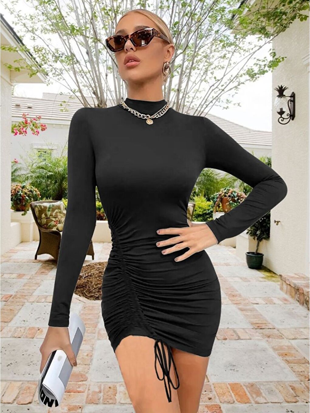 Siyah Kadın Uzun Kol Sağ Belden Sol Etek Ucuna Doğru Hafif çapraz Büzgülü Sandy Mini Boy Elbise-3