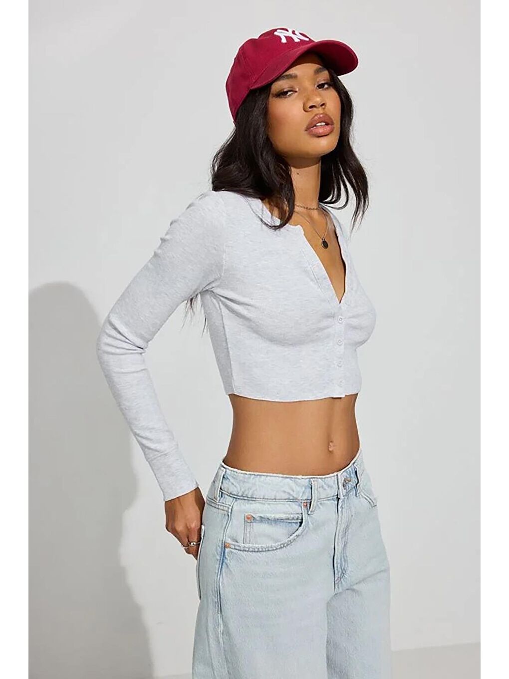 Gri Uzun Kollu Düğmeli Kaşkorse Crop Hırka Mg2193-1