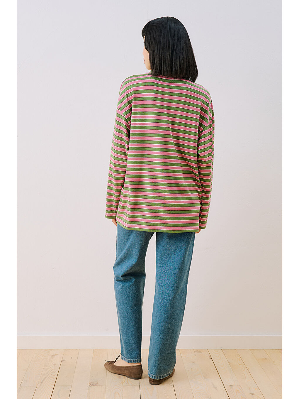 Çizgili Polo Yakalı Sweatshırt Pembe-5