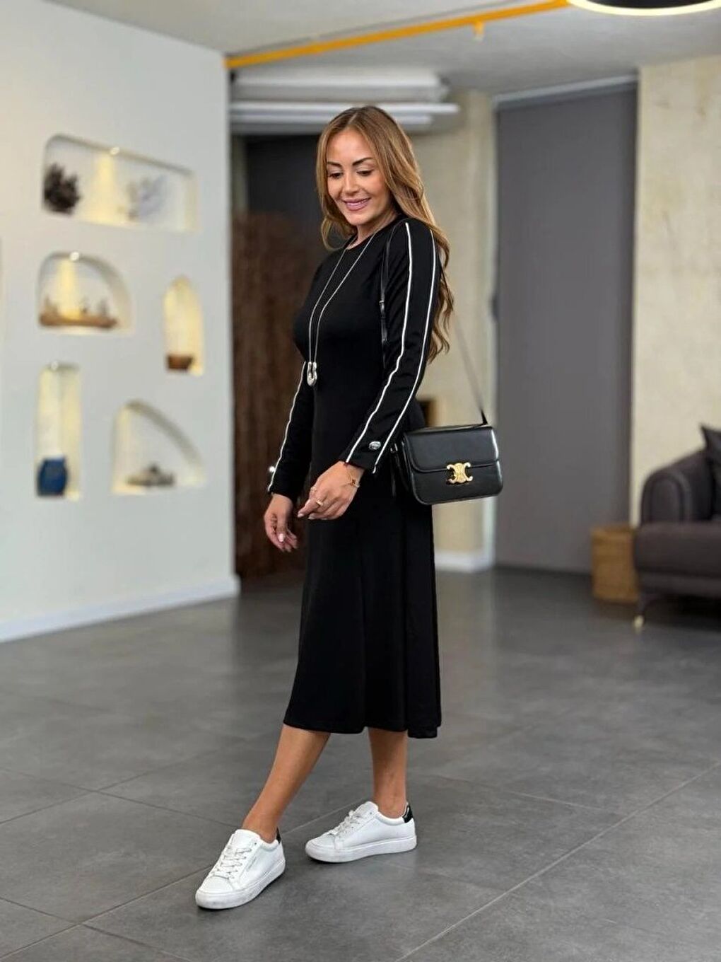 Siyah Kadın Uzun Kollu Bisiklet Yaka Midi Modal Elbise-1