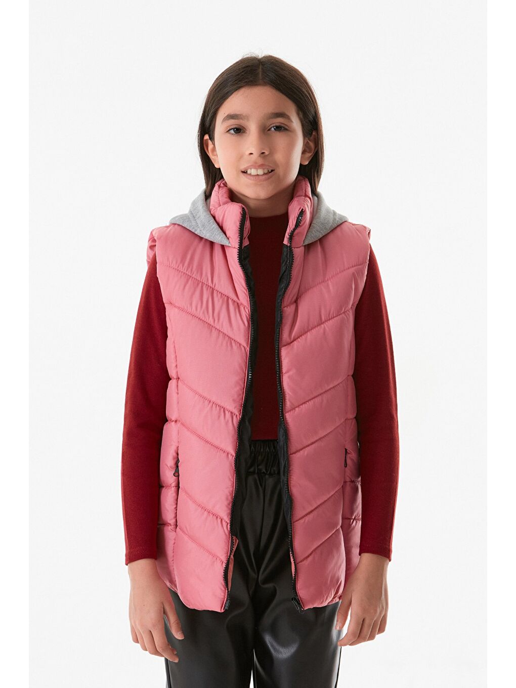 Pembe Cebi Fermuarlı Kapüşonlu Kız Çocuk Yelek-1