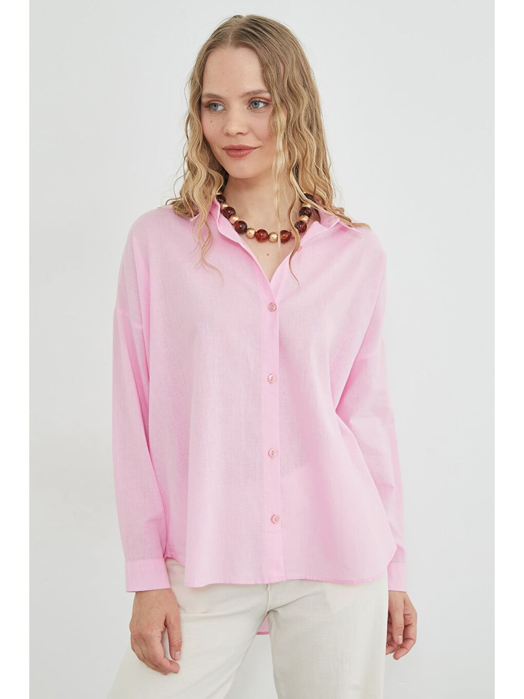 Pembe Basic Keten Görünümlü Oversize Gömlek
