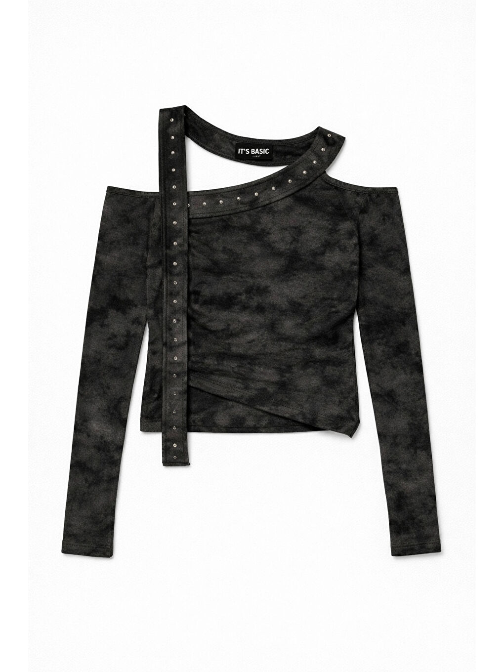 Kadın Siyah Antrasit w5 Asimetrik Kesim Özel Kumaş Tasarım Crop Top-1