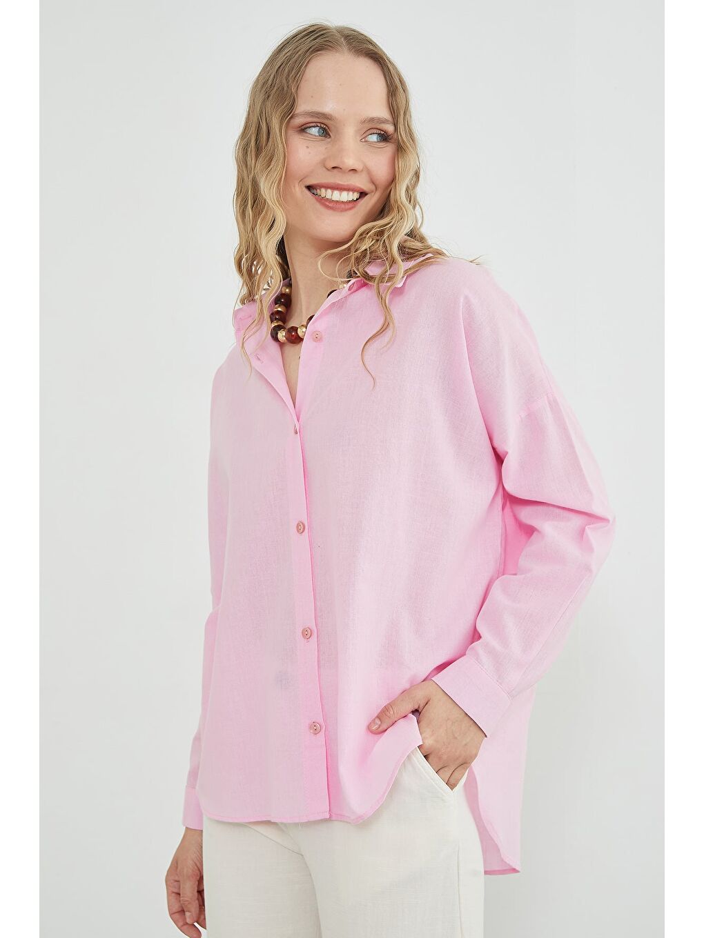 Pembe Basic Keten Görünümlü Oversize Gömlek-1