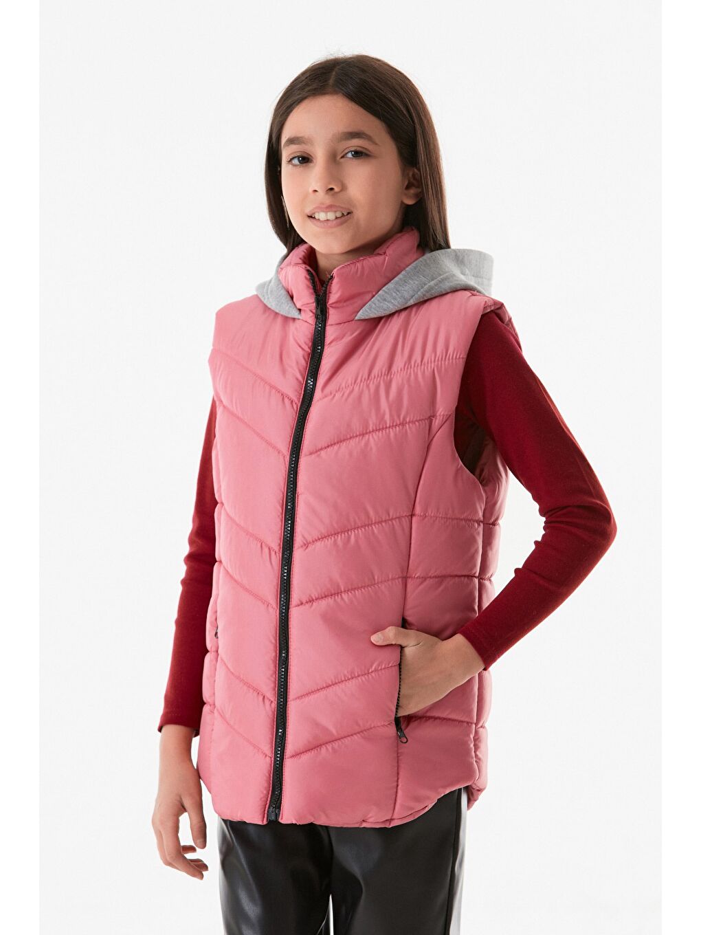 Pembe Cebi Fermuarlı Kapüşonlu Kız Çocuk Yelek