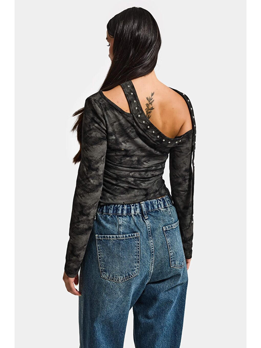 Kadın Siyah Antrasit w5 Asimetrik Kesim Özel Kumaş Tasarım Crop Top-2