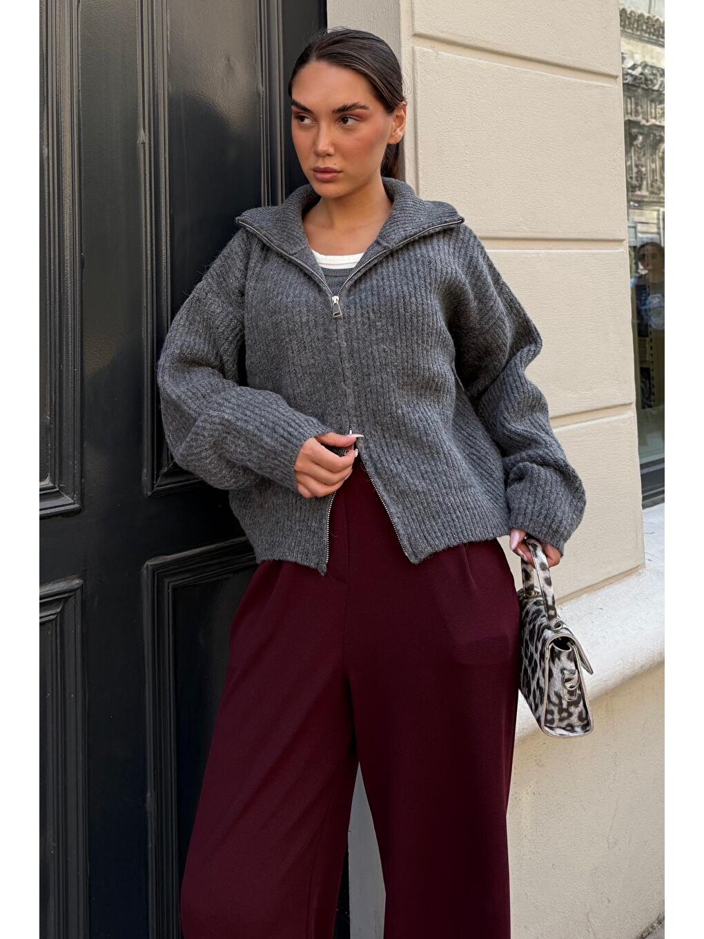 Antrasit Fermuarlı Kadın Triko Hırka Mg2532-5