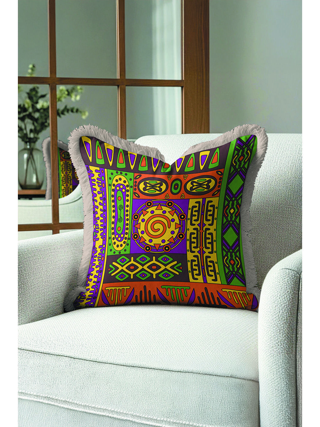 Karışık Etnik Geometrik Motifli Saçaklı Yastık Kılıfı - Bohem Renkli Mor Turuncu Püsküllü Kırlent Kılıfı-3