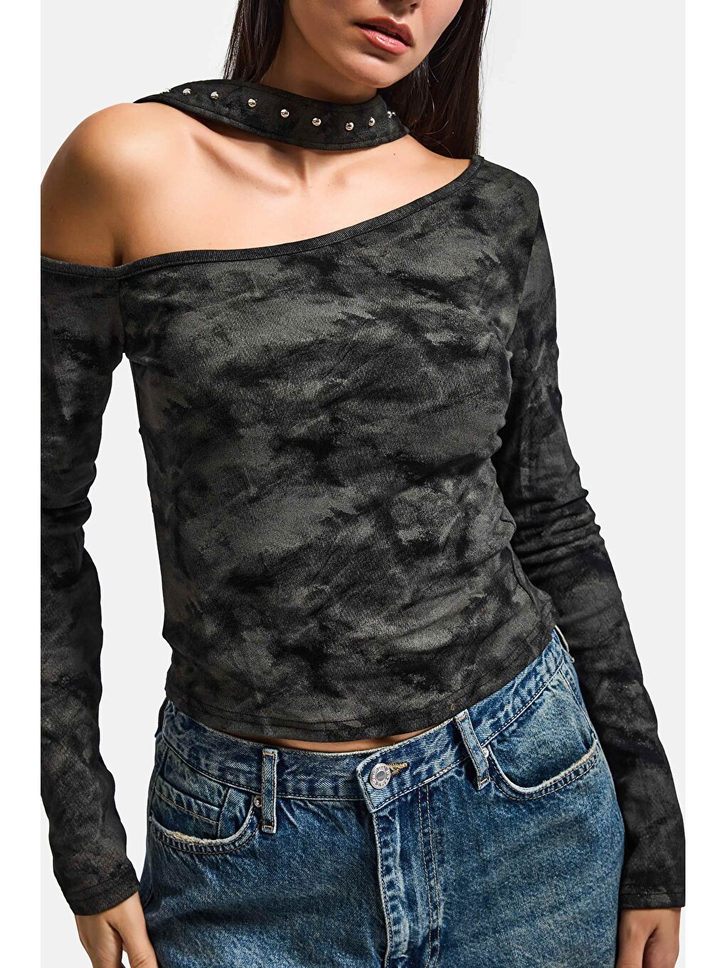 Kadın Siyah Antrasit w5 Asimetrik Kesim Özel Kumaş Tasarım Crop Top-3