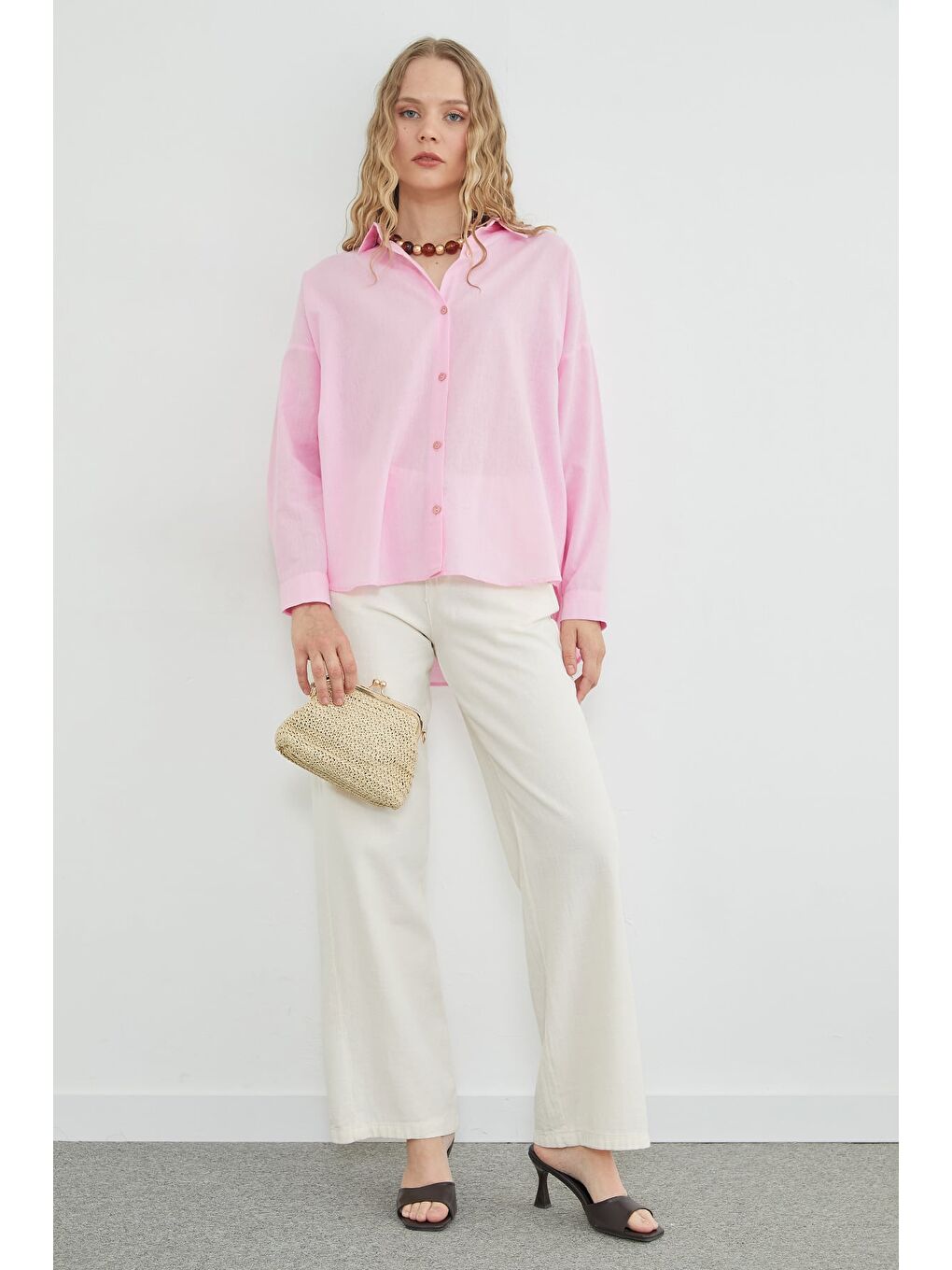 Pembe Basic Keten Görünümlü Oversize Gömlek-2
