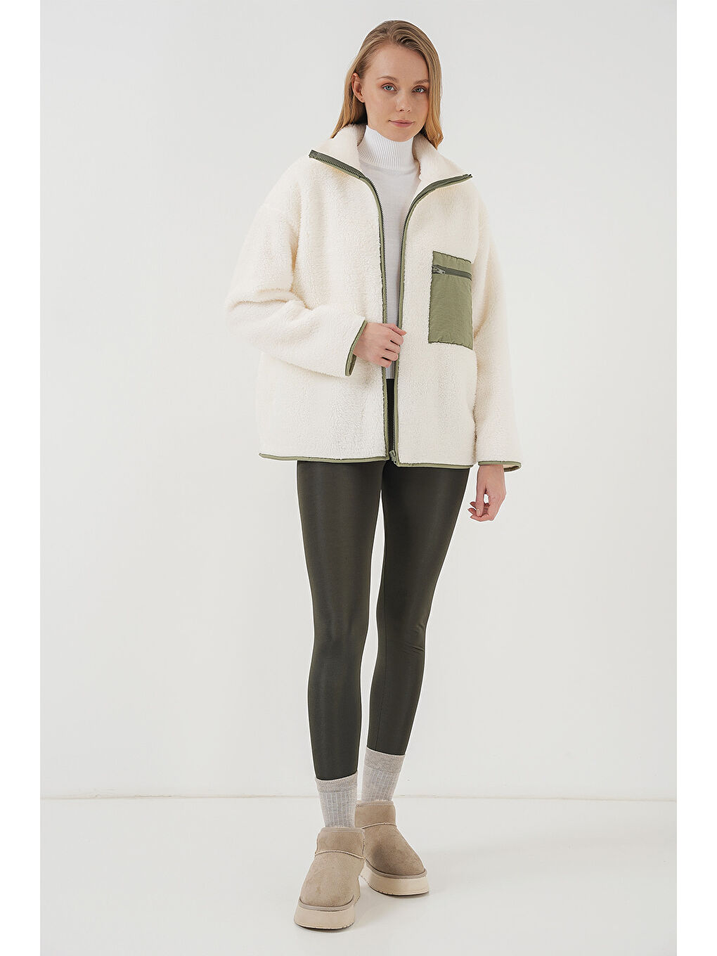 Yeşil 55446 Fermuarlı Oversize Pelüş Ceket Mont   Çağla-1