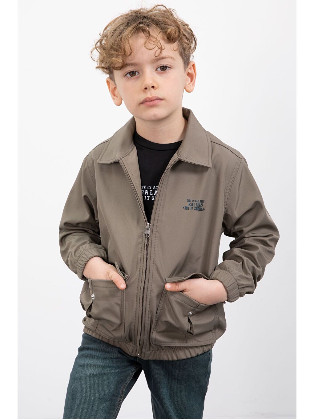 Haki Çıtçıt Cepli Ceketli Jean Pantolonlu Erkek Çocuk 3lü Takım 23385-3