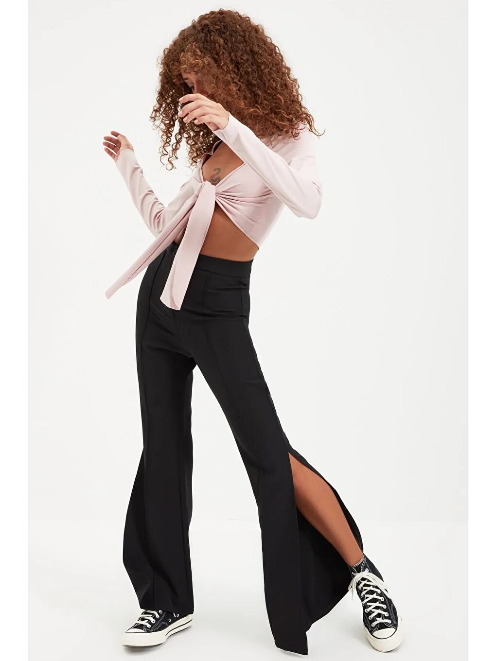 Siyah Flare İspanyol Paça Paçası Yırtmaçlı Dokuma Pantolon