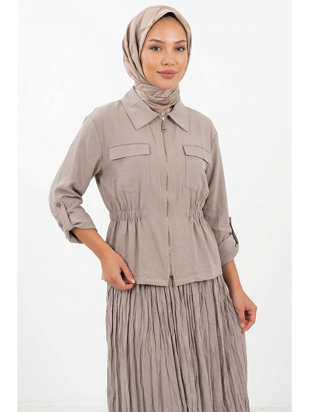 Bej Levidor Tunik Etek Takım 131049 Taş-3