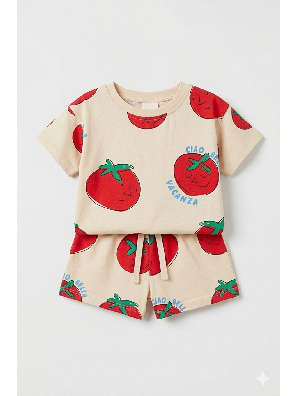 Bej Erkek Çocuk Pamuklu Domates Baskılı T-Shirt Ve Şort Alt Üst Takım-1