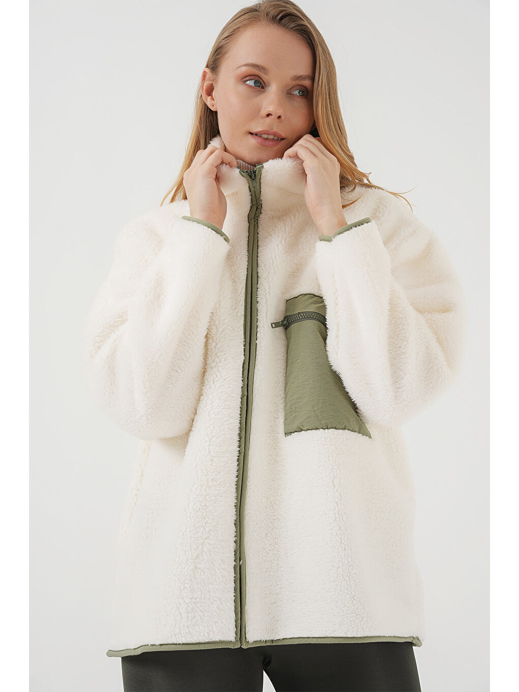 Yeşil 55446 Fermuarlı Oversize Pelüş Ceket Mont   Çağla-2