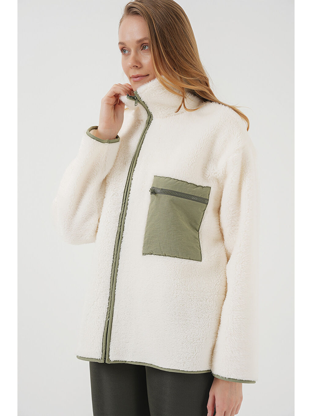 Yeşil 55446 Fermuarlı Oversize Pelüş Ceket Mont   Çağla-3