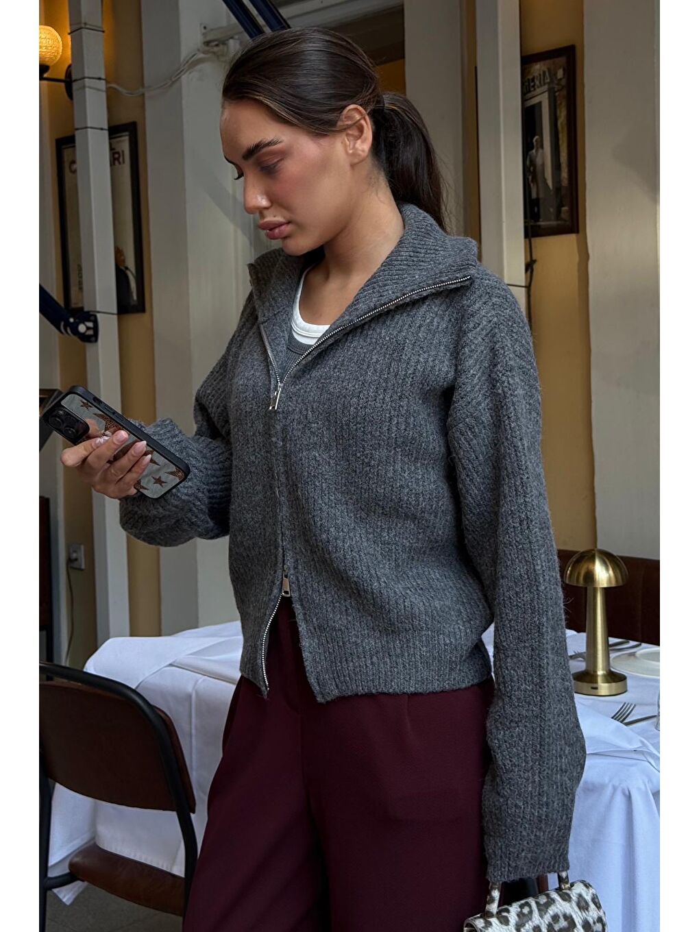 Antrasit Fermuarlı Kadın Triko Hırka Mg2532-6