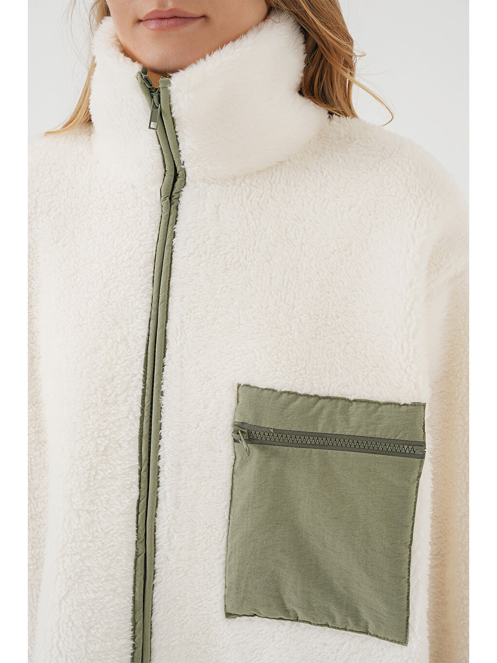 Yeşil 55446 Fermuarlı Oversize Pelüş Ceket Mont   Çağla-5