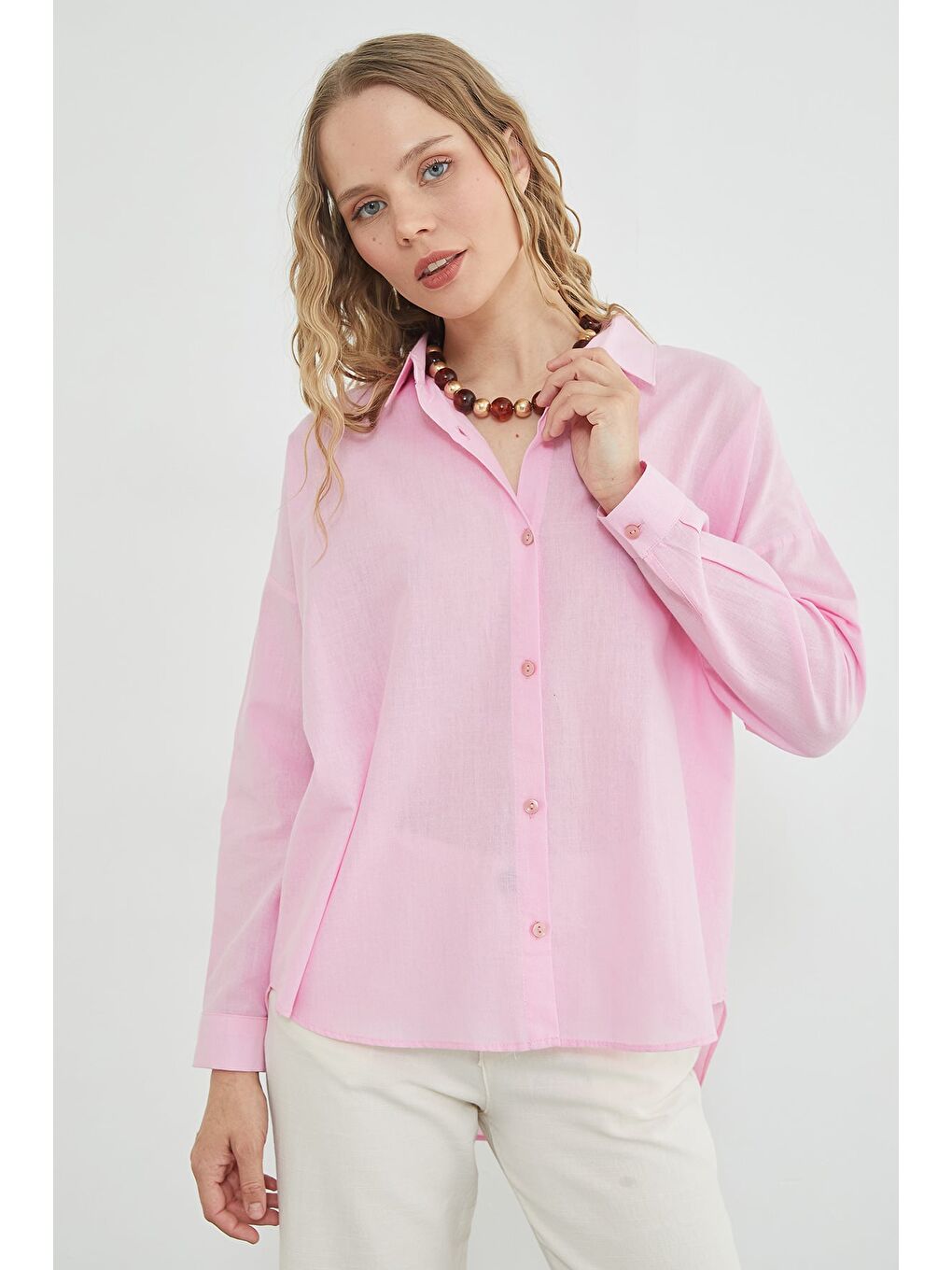 Pembe Basic Keten Görünümlü Oversize Gömlek-4