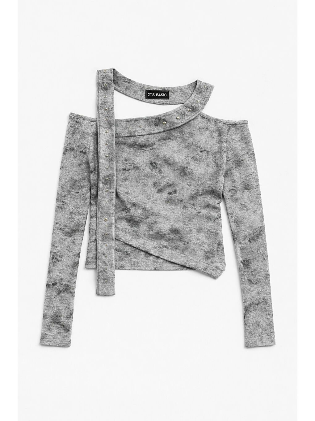 Kadın Gri w5 Asimetrik Kesim Özel Kumaş Tasarım Crop Top-1