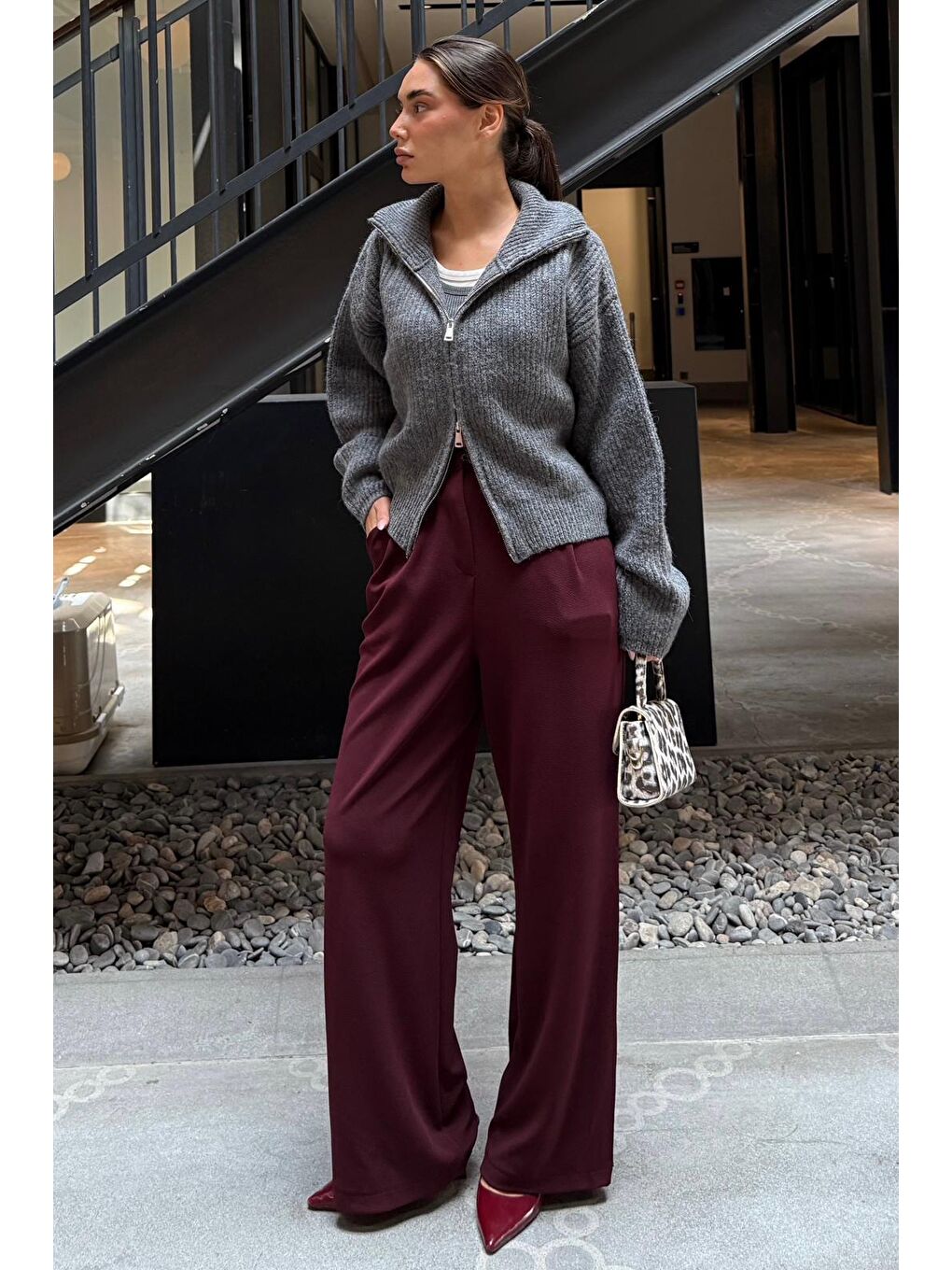 Antrasit Fermuarlı Kadın Triko Hırka Mg2532-8