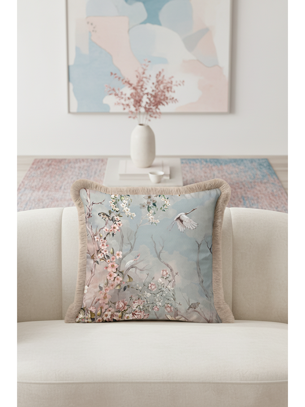 Karışık Elegan Çiçekli Kuşlu Saçaklı Yastık Kılıfı - Pastel Bahar Romantik Vintage Püsküllü Kırlent Kılıfı-3