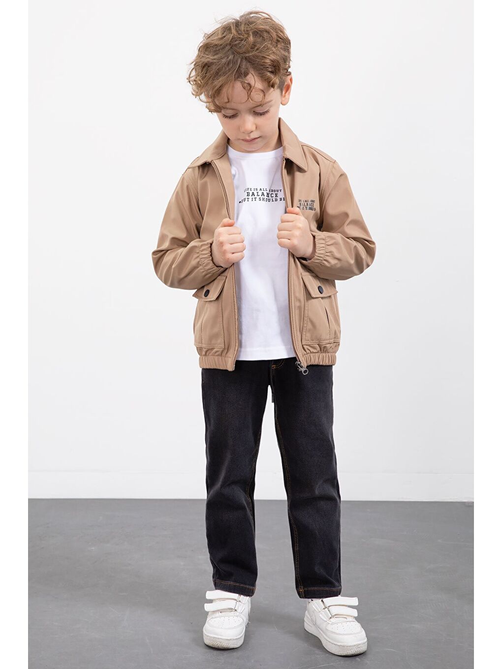 Kahverengi Çıtçıt Cepli Ceketli Jean Pantolonlu Erkek Çocuk 3lü Takım 23384-3