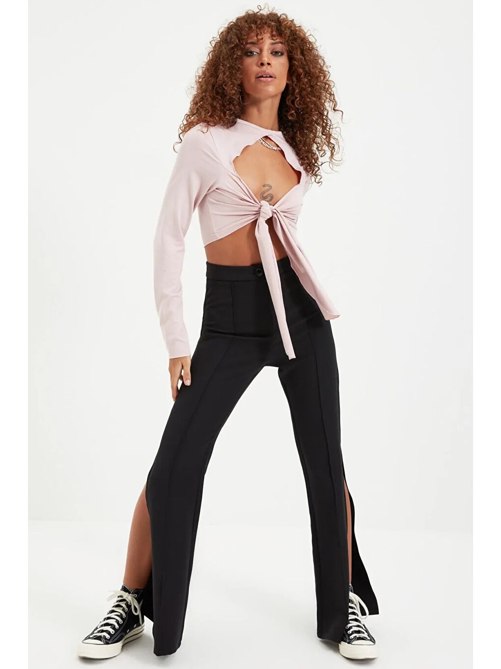 Siyah Flare İspanyol Paça Paçası Yırtmaçlı Dokuma Pantolon-1