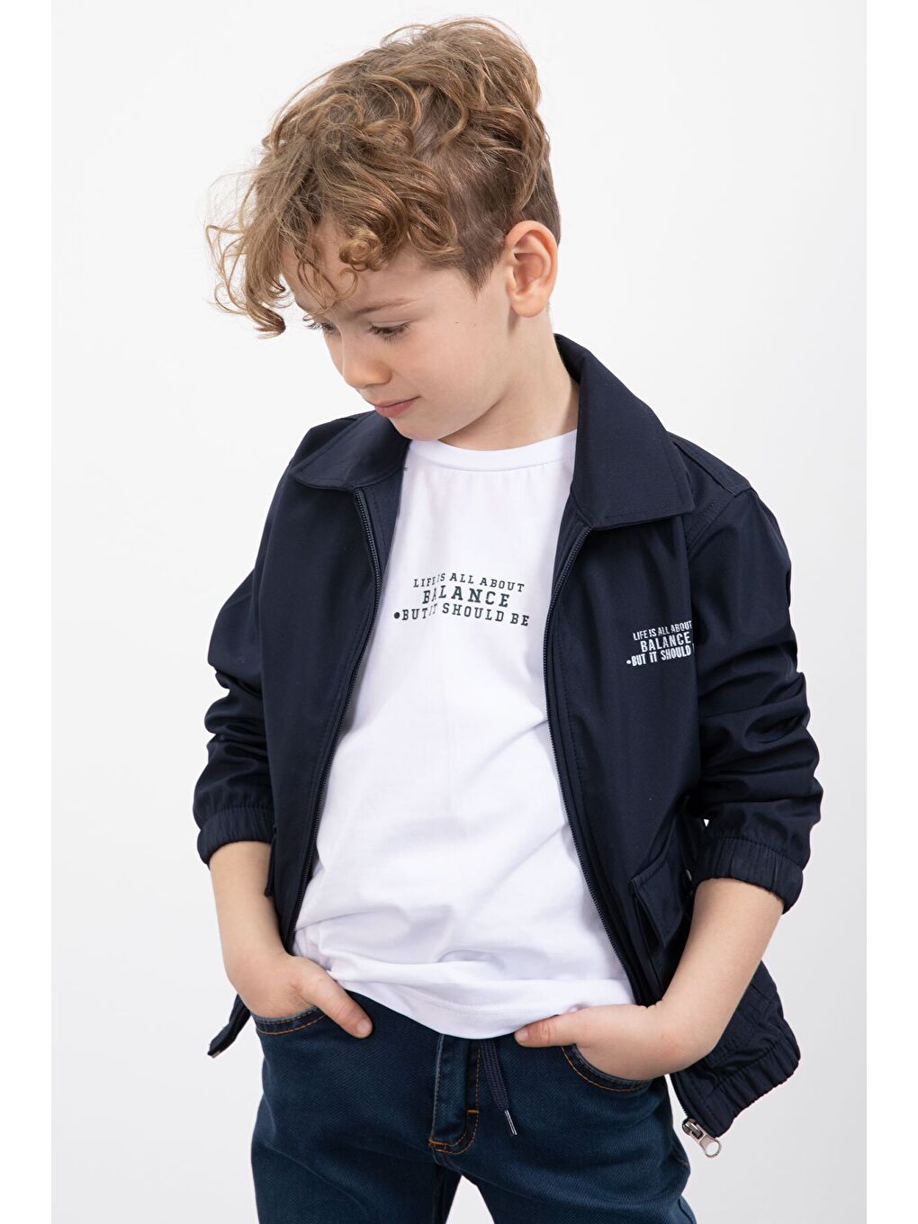 Lacivert Çıtçıt Cepli Ceketli Jean Pantolonlu Erkek Çocuk 3lü Takım 23383-3