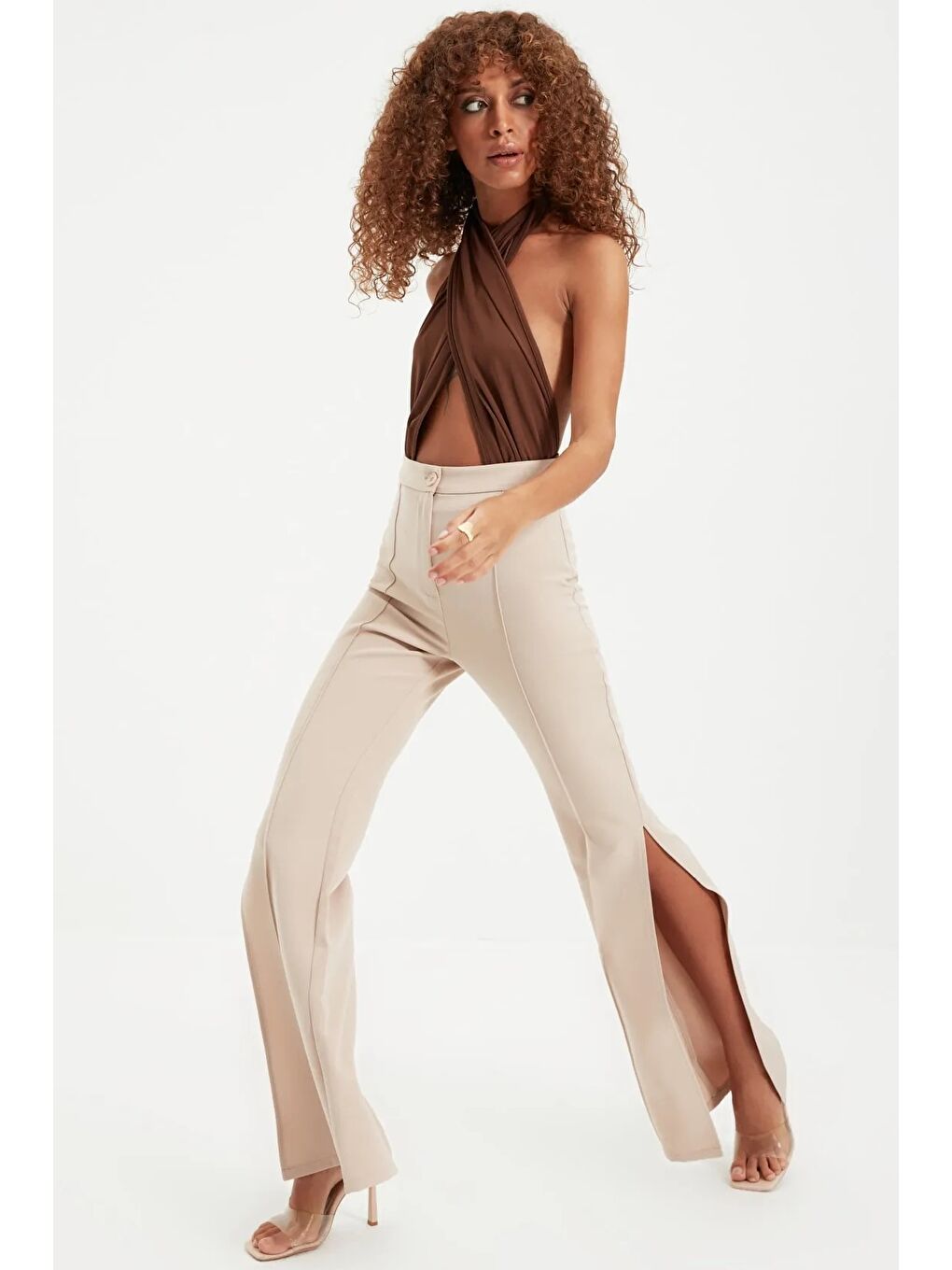 Bej Taş Flare İspanyol Paça Paçası Yırtmaçlı Dokuma Pantolon