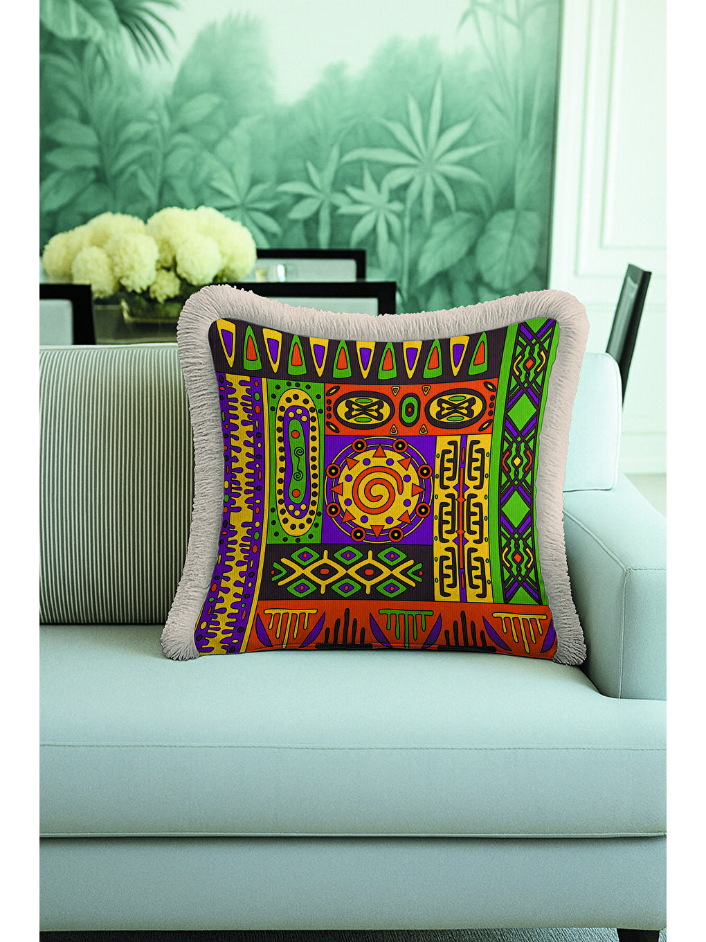 Karışık Etnik Geometrik Motifli Saçaklı Yastık Kılıfı - Bohem Renkli Mor Turuncu Püsküllü Kırlent Kılıfı-4
