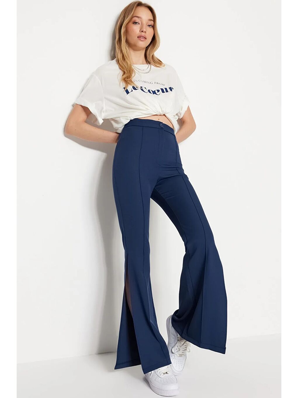 Lacivert Flare İspanyol Paça Paçası Yırtmaçlı Dokuma Pantolon