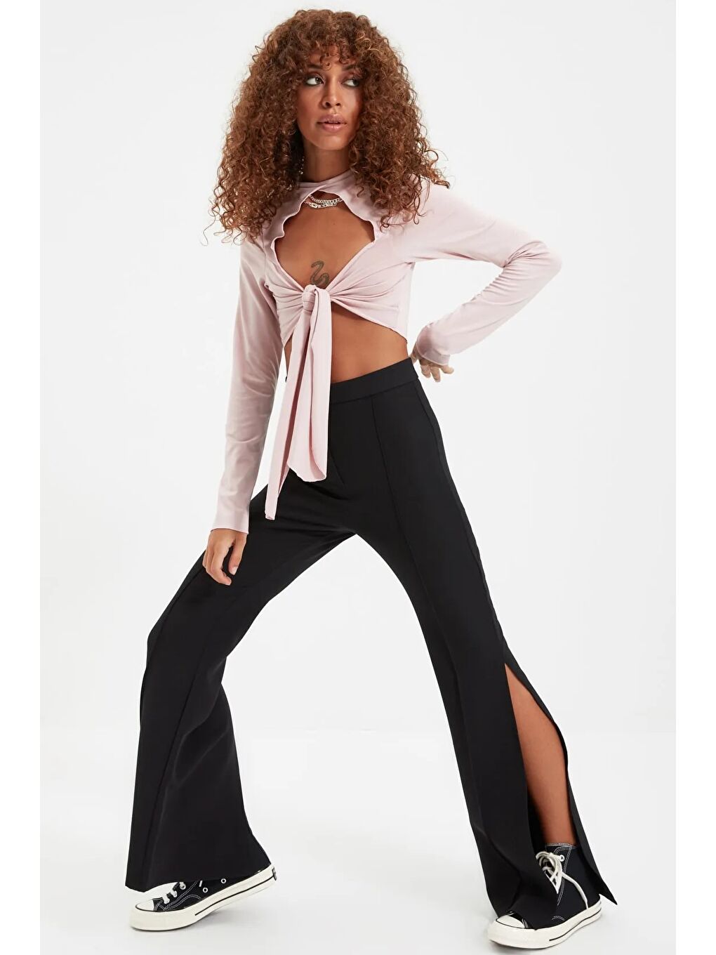 Siyah Flare İspanyol Paça Paçası Yırtmaçlı Dokuma Pantolon-2