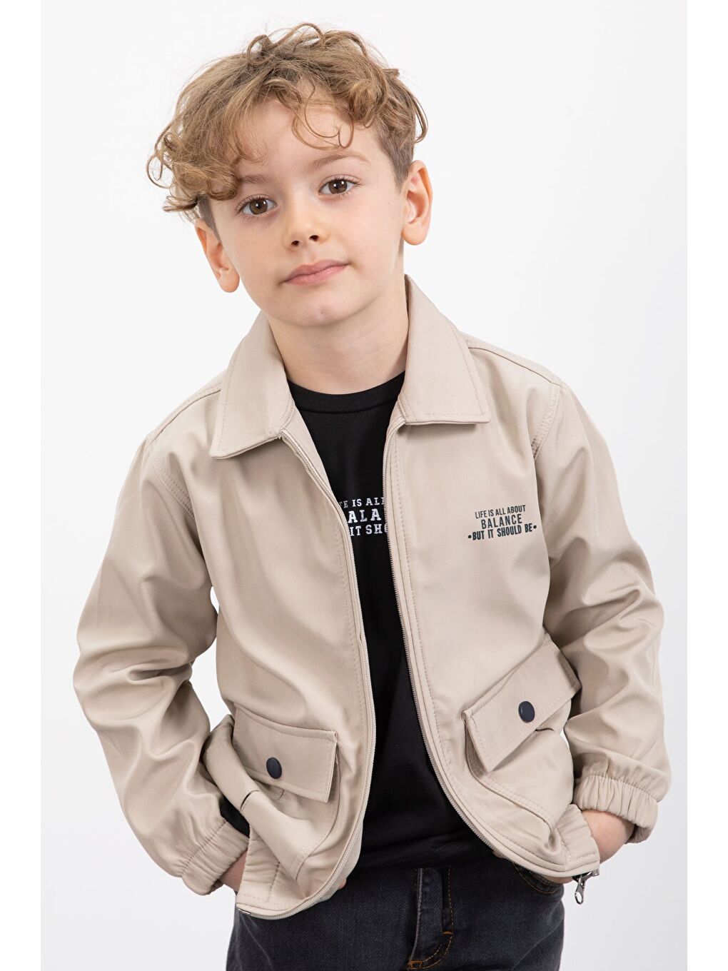 Bej Çıtçıt Cepli Ceketli Jean Pantolonlu Erkek Çocuk 3lü Takım 23386-1