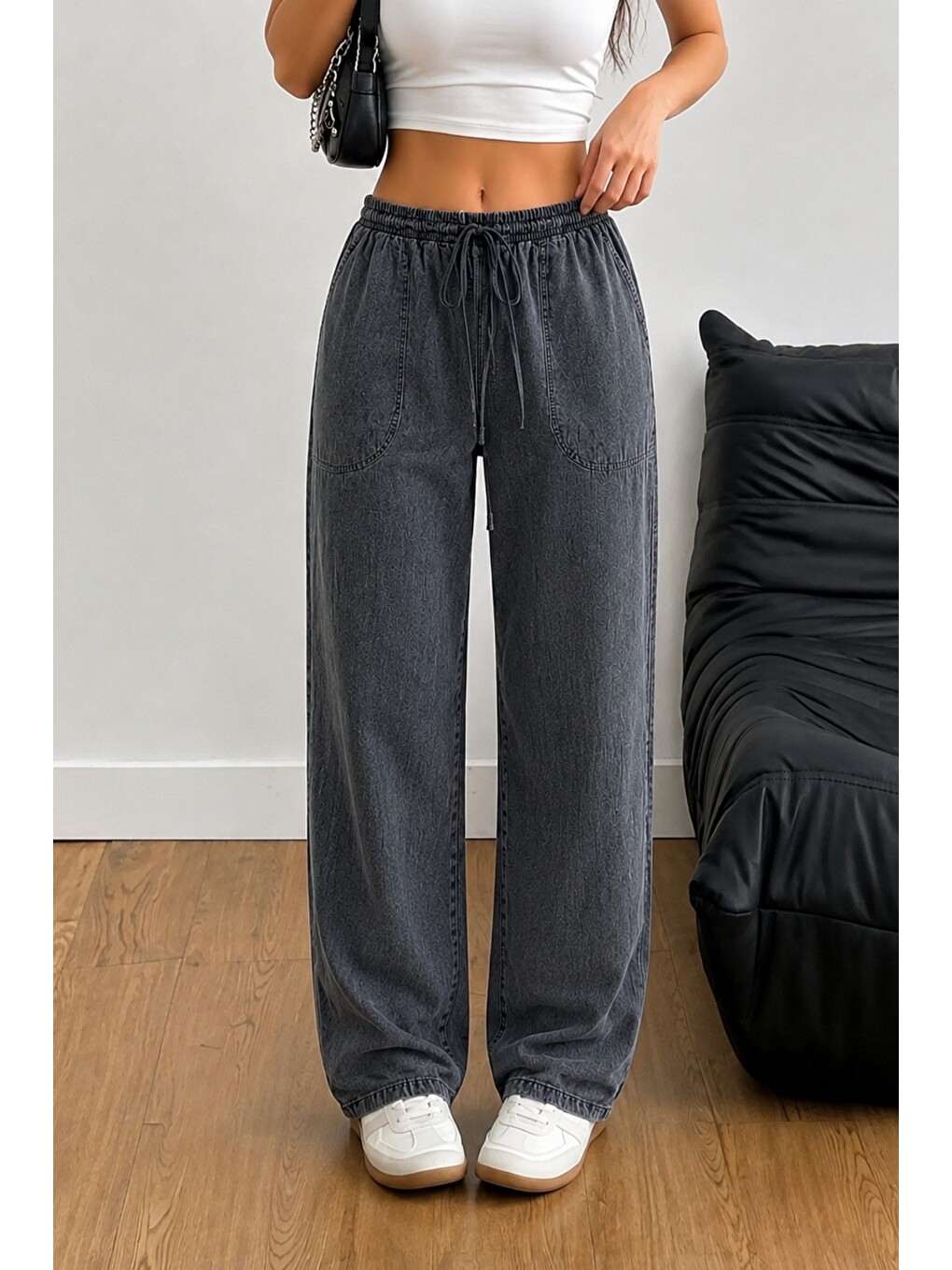 Gri Kadın Keten Karışımlı Regular Fit Beli Lastikli Bağcıklı Yüksek Bel Günlük Pantolon