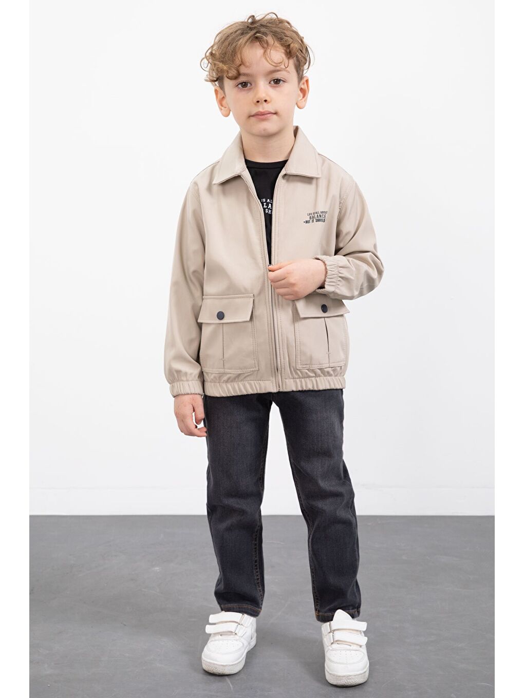 Bej Çıtçıt Cepli Ceketli Jean Pantolonlu Erkek Çocuk 3lü Takım 23386-3