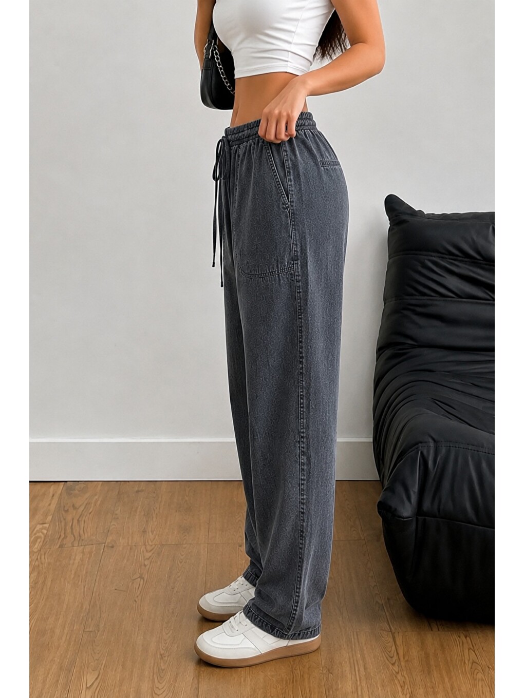 Gri Kadın Keten Karışımlı Regular Fit Beli Lastikli Bağcıklı Yüksek Bel Günlük Pantolon-1